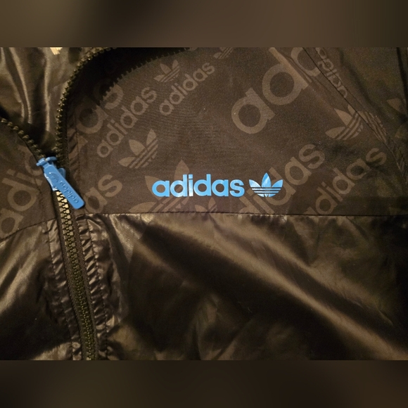 NWOT: Adidas Black Allover Logo Windbreaker Jacket - Size: Large; Black (w/Blue) - Picture 7 of 16